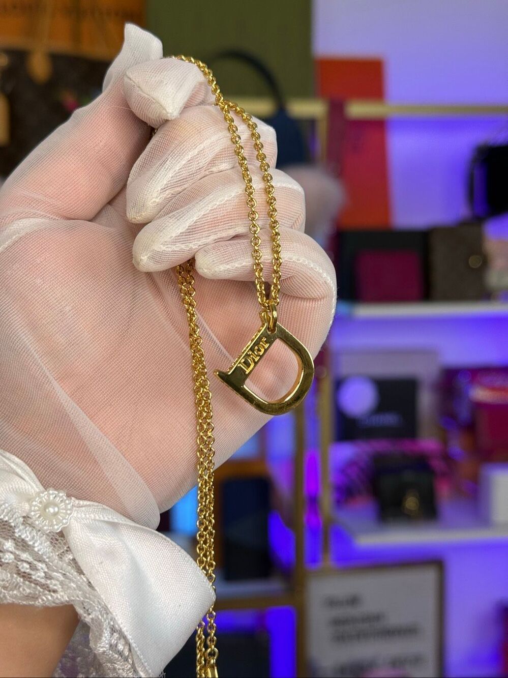Christian Dior Vintage Gold Plated Large D logo Crystal Trim Necklace
